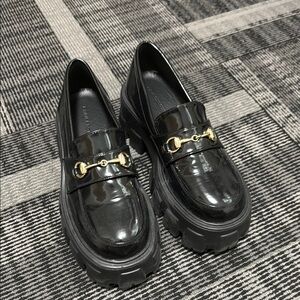 Princess Polly Penny Lane Black Chunky Loafers Gold buckle